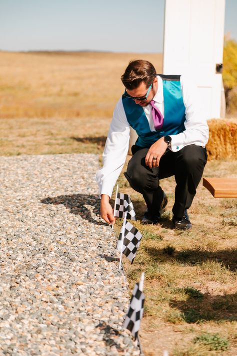 Checkered Racing Flag for ceremony isle, Racing Wedding, car themed wedding. Dirt Track Wedding Ideas, Race Car Wedding, Checkered Flag Wedding, Motocross Wedding, Racing Wedding, Car Themed Wedding, Wedding Ceremony Aisle, Car Wedding, Racing Flag