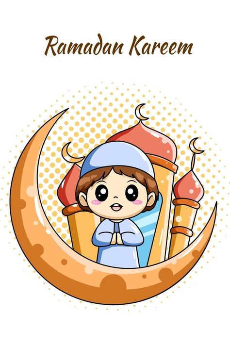 Cute muslim boy with moon and mosque at ramadan kareem cartoon illustration Ramadan Cartoon, Muslim Boy, Eid Stickers, Vector Doodle, Illustration Advertisement, Ramadan Kareem, Moon Child, Punch Needle, Cartoon Illustration