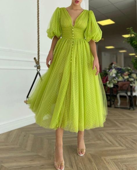 Fall/Winter 20' | Teuta Matoshi Short Sleeves Prom Dress, Prom Dress With Pockets, Short Sleeve Prom Dresses, Teuta Matoshi, Bitter Lemon, Prom Dresses With Pockets, Long Evening Dress, Tea Length Dresses, Prom Dresses With Sleeves