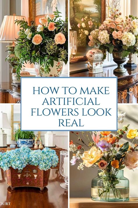 Master the art of making fake flowers look real. With a few simple tricks, you can easily make realistic fake flower arrangements that look just as beautiful as real ones. Learn which type is the best to use, how to treat them in different types of containers, how to prep and care for them, and more. Arranging Fake Flowers, How To Arrange Fake Flowers In A Vase, How To Make Fake Flower Arrangements, Artificial Floral Arrangements Diy, How To Arrange Artificial Flowers, How To Make Artificial Flowers Look Real, Best Faux Flowers, How To Make Fake Flowers Look Real, Floral Arrangements Diy Artificial