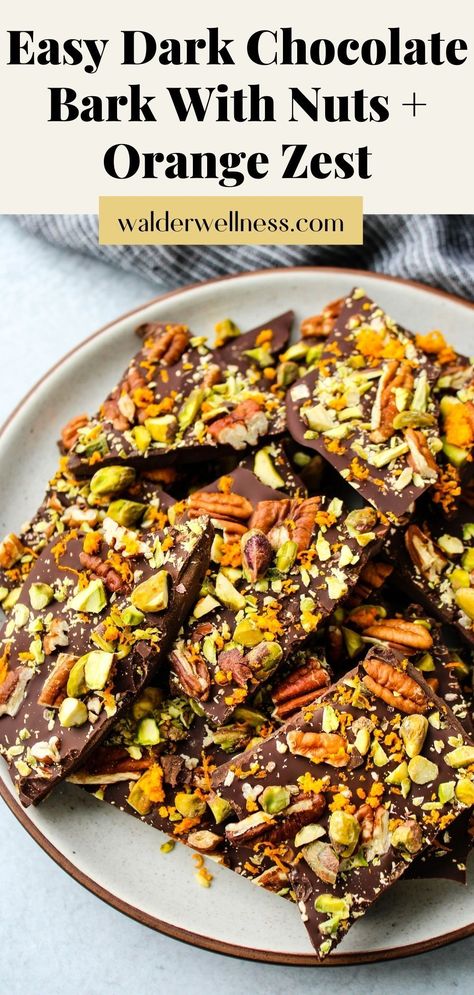 This dark chocolate bark recipe uses walnuts, pistachios, and orange zest. It’s simple, delicious, and super easy to make. The perfect healthy-ish treat! Black Walnuts Uses, Healthy Bark Recipes, Dark Chocolate Bark Recipes, Chocolate Orange Bark, Chocolate Bark Recipes Easy, Chocolate Bark Ideas, Bark Recipes Easy, Homemade Chocolate Bark, Almond Bark Recipes