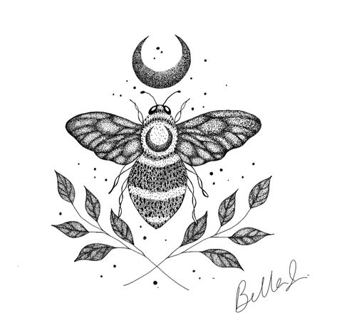 Bee Goddess Tattoo, Celestial Bee Tattoo, Vintage Bee Tattoo Ideas, Goth Bee Tattoo, Ornamental Bee Tattoo, Moon Bee Tattoo, Witchy Bee Tattoo, Bee And Moon Tattoo, Gothic Bee Tattoo