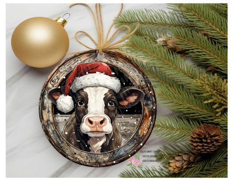 Christmas Cow ornament Cow Door Hanger, Ornament Sublimation, Cow Ornaments, Cow Christmas, Christmas Cow, Christmas Door Hanger, Farmhouse Art, Craft Corner, Round Ornaments