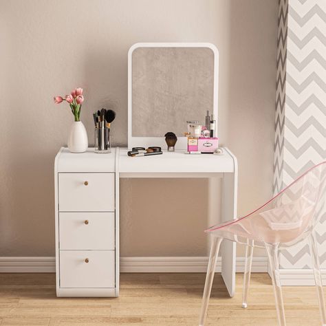 Carve out a beautiful nook within your home for getting all dolled up with the Margot Vanity Table of Boahaus. It is the best way to clean up disorder and consolidate all your jewelry pieces, health and beauty supplies, makeup and accessories, this vanity/makeup set makes it super convenient to access all your favorite pieces and products in one neatly organized place. Equipped with three equal drawers, this set has ample space to place your necessities. The convenient curved-shaped mirror will Nook Bench Target, Amazon Preppy Skincare Organizer White And Gold, Vanity Table Cheap, Desk For Bed Room, Makeup Table Ikea Micke, Cupboard Makeup Desk, Makeup Vanity Desk Target, Desk And Vanity In One Small Spaces Bedrooms, Ikea Table With Mirror