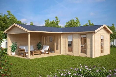 New Garden Rooms and Log Cabins for 2017 season Gardening Beginners, Garden Log Cabins, Contemporary Garden Rooms, Corner Summer House, Garden Cabins, Summer House Garden, Small Wooden House, Corner Garden, Backyard Sheds