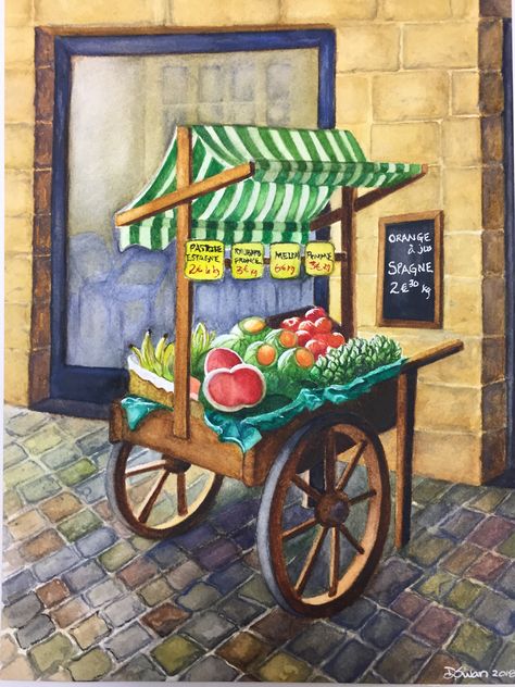 Fruit Cart in Rouen Fruit Market Drawing, Themes To Draw, Fruit Cart, List Of Themes, Rain Illustration, Vegetable Stand, Paint Color Wheel, Abstract Art Paintings Acrylics, Cri Cri