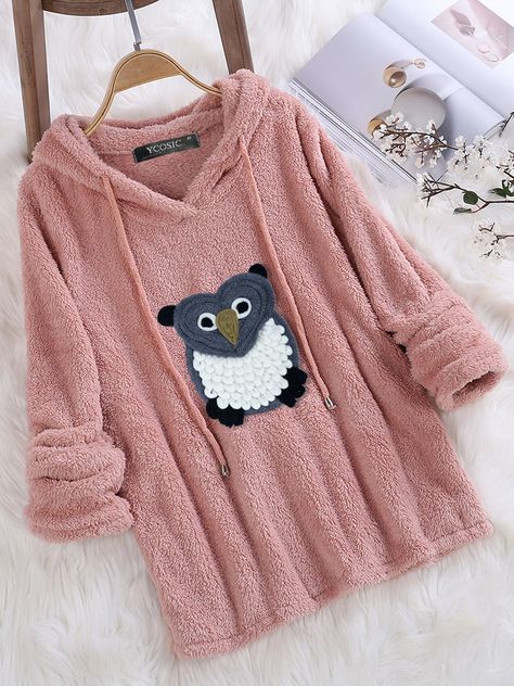 Cartoon Owl Fleece Long Sleeve Hoodies For Women Autumn Owl, Cartoon Owl, Plain Hoodies, Owl Pattern, Animal Print Outfits, Womens Sweatshirts Hoods, Owl Patterns, Casual Long Sleeve Shirts, Striped Hoodie