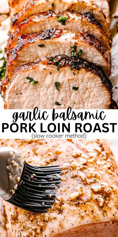 Prepare to be amazed by the fantastic flavors of our slow-cooked Garlic Balsamic Pork Loin. This simple crock pot pork recipe delivers an unbelievably tender, juicy, and flavorful pork roast that will leave you speechless! Pork Loin Roast Crock Pot, Slow Cooked Pork Loin, Balsamic Pork Loin, Pork Loin Recipes Slow Cooker, Easy Pork Loin Recipes, Crock Pot Pork Loin, Pork Loin Crock Pot Recipes, Crockpot Pork Loin, Slow Cooker Pork Loin