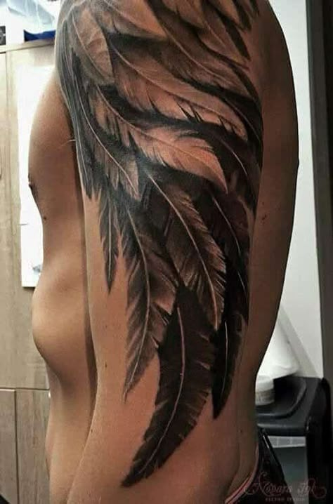 This wing tattoo, inked only in black, is highly intricate. With each feather detailed out, the realistic design creates a strong impact. Besides, its easy to cover up with a long-sleeved shirt. Symbolizing aspirations and untapped potential; it is a constant reminder; you will never know how high you can fly unless you try! Detailed Wing Tattoo, Feather Wing Tattoo, Realistic Angel Wings Tattoo, Realistic Wings Tattoo, Wing Sleeve Tattoo, Feather Sleeve Tattoo, Wing Tattoo Arm, Chinese Tattoo Designs, Feathers Tattoo