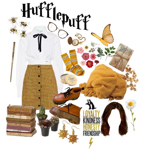 Brianna Asthetic, Harry Potter Themed Outfits, Powerpuff Outfit, Hufflepuff Cosplay, Hogwarts Houses Outfits, Hufflepuff Room, Hufflepuff Uniform, Harry Potter Houses Outfits, Harry Potter Uniform