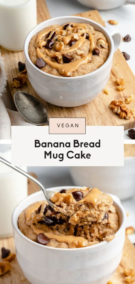 Delicious vegan banana mug cake that takes just 5 minutes to make in the microwave with super simple ingredients! You'll LOVE this easy banana bread mug cake for a fun, quick treat whenever the sweet tooth cravings hit. Tastes like a slice of banana bread and your favorite piece of cake! #mugcake #healthydessert #bananabread #vegandessert #cakerecipe Microwave Banana Bread, Banana Bread Mug Cake, Mug Cake Vegan, Banana Bread Mug, Banana Mug Cake, Vegan Mug Cakes, Mug Cake Microwave, Dairy Free Chocolate Chips, Vegan Banana Bread