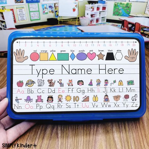 Pencil Box Name Tags - Simply Kinder Plus Kindergarten Pencil Box Ideas, Pencil Box Name Tags, Number Line To 20, Kindergarten Name Tags, Labeling Kindergarten, Homeschool Space, Kindergarten Names, Notebook Labels, Student Picture