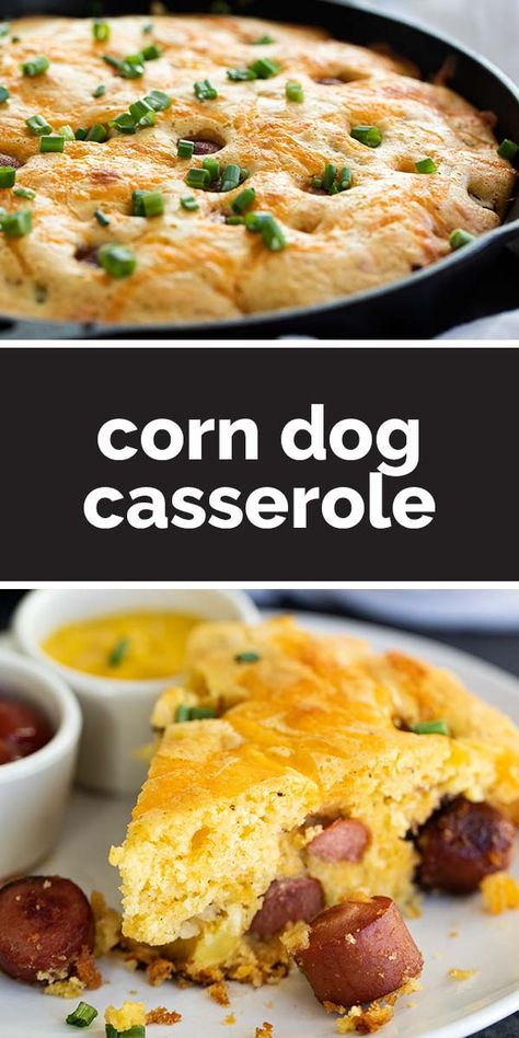 This Corn Dog Casserole I an easier version of the kid friendly corn dog – made into a casserole topped with cheese. Best served with ketchup and mustard. #hotdog #hotdogcasserole #corndogcasserole #casserole #recipe #corndog Corn Dog Casserole, Hotdogs Recipes, Kid Friendly Casseroles, Hot Dog Casserole, Board Recipes, Easy Casseroles, Easy Kid Friendly Dinners, Dog Dishes, Baked Items