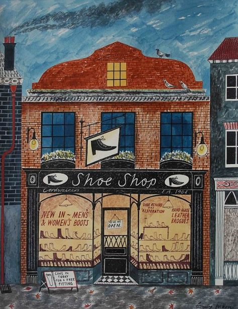 Shoe Shop (Emily Sutton) Emily Sutton, Mark Hearld, Cardboard City, Mini Houses, Shop Illustration, Design Illustrations, Shop Fronts, Urban Sketchers, Naive Art