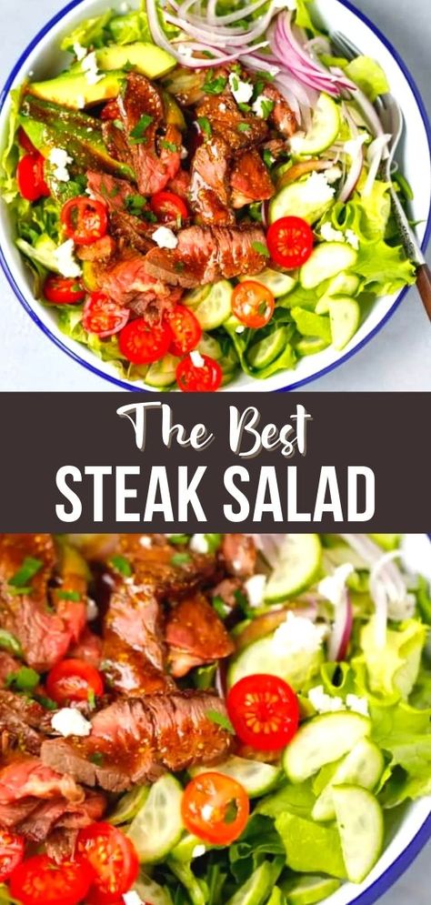 Best Steak Salad, Steak Salad Dressing, Steak Salad Recipe, Steak Sides, Cucumber Tomato Avocado Salad, Tomato And Onion Salad, Fancy Salads, Ribeye Steak Recipes, The Best Steak