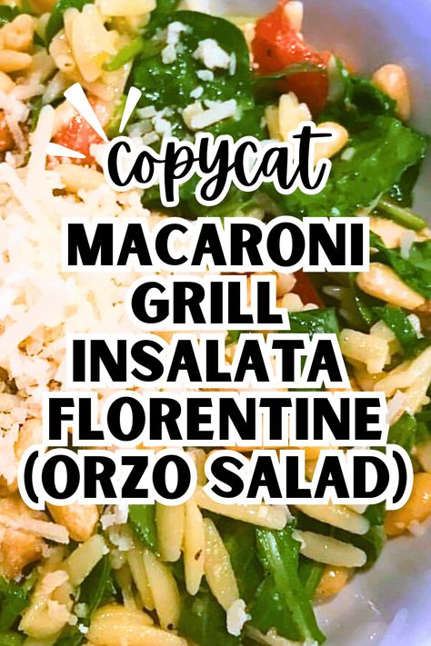 Copycat Macaroni Grill Insalata Florentine Recipe Orzo Chicken Salad - if you like Macaroni Grill orzo salad with chicken, you'll love this easy pasta salad recipe! Make this a chicken salad or a vegetarian salad without chicken. #pastasalad #chickensalad #saladrecipes #copycat Orzo Chicken Salad, Orzo Salad With Chicken, Spinach Florentine, Salad Recipe With Chicken, Wheat Berry Salad Recipes, Chicken Orzo Pasta, Florentine Recipe, Macaroni Grill, Florentines Recipe