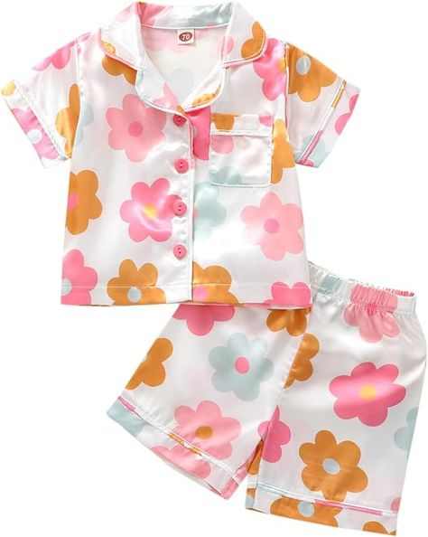 Amazon.com: MAINESAKA Baby Girl Short Sleeve Button Down Tops And Shorts Snug Fit Pajamas Set 2 Piece Silk Satin Pjs Summer Sleepwear (E-Multicolor Flower, 3-4 Years): Clothing, Shoes & Jewelry Pjs Summer, Satin Pajamas Set, Silk Pajamas Shorts, Satin Pjs, Pajamas Short, Tops And Shorts, Babies Stuff, Summer Sleepwear, Toddler Summer