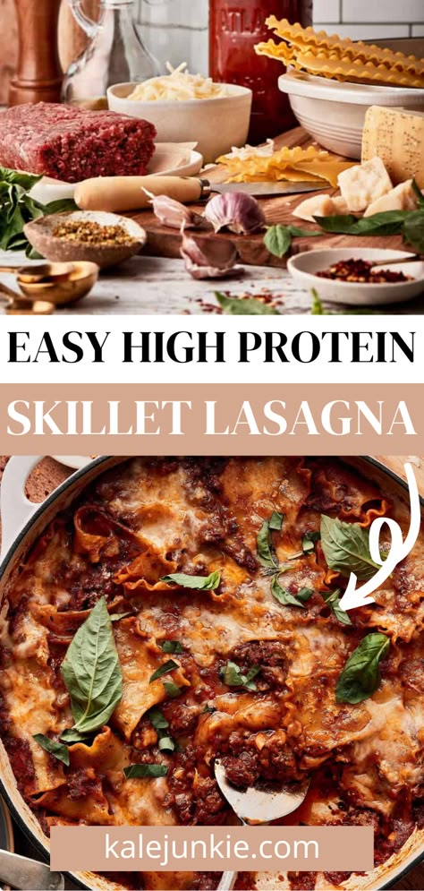 This Easy High Protein Skillet Lasagna is packed with flavor and protein to keep you full and satisfied! It’s incredibly easy to make and once you’ve made it this way, you will never go back. It’s all put together and cooked in one skillet for the ultimate weeknight meal that will have the whole family obsessed! One Pan Lasagna, Lasagna Skillet, Pan Lasagna, Skillet Lasagna Recipe, Healthy Pasta Dishes, Skillet Lasagna, How To Make Lasagna, Healthy Pasta, Healthy Comfort