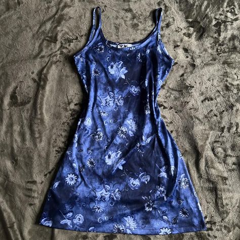 Whimsigoth navy mini dress. Floral print. Slip style... - Depop Fitted Grunge Mini Dress, Y2k Blue Mini Length Dress, Whimsigoth Mini Dress, Fairy Grunge Fitted Mini Dress, Blue Sleeveless Y2k Dress, Navy Mini Dress, Mini Dress Floral, Grunge Y2k, Boho Grunge