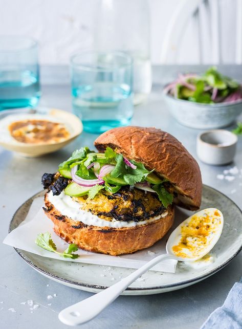 Coriander Salad, Dish Magazine, Chicken Avocado Burger, Chargrilled Chicken, Tandoori Recipes, Burger Mix, Chicken Burgers Recipe, Spiced Chicken, Burger Night