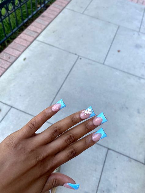 Teal Duck Nails, Teal Blue French Tip Nails, Baby Blue Duck Nails, Light Blue Duck Nails, Duck Shaped Nails, Blue Duck Nails, Mini Duck Nails, French Duck Nails, Light Blue French Tip