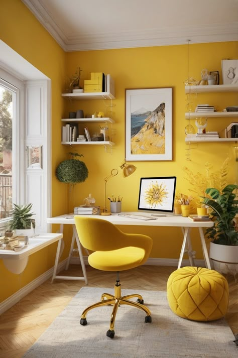 Home Office Ideas Yellow, Home Office Round Table, Yellow Craft Room, Groovy Office, Yellow Library, Yellow Study, Yellow Home Office, Yellow Studio, Spare Room Office