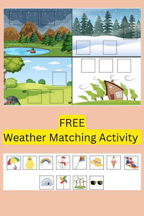 Looking for a fun and educational activity for kids? Download this free printable weather matching activity! Perfect for toddlers, preschoolers, and kindergarteners. Weather Kindergarten Activities, Weather Printables, Weather Activities Preschool, Weather Chart, Montessori Toddler Activities, Weather Activities, Educational Activities For Kids, Easy Drawings For Kids, Matching Activity