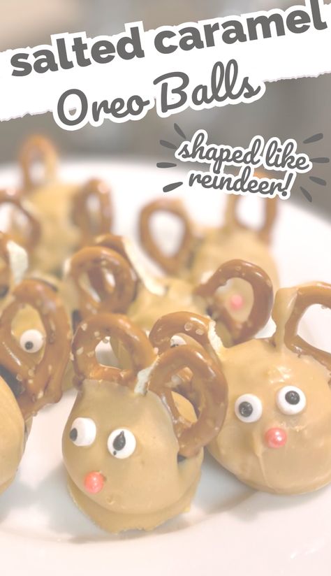 salted caramel Oreo balls shaped like reindeer Reindeer Shapes, Christmas Oreo Balls, Oreo Balls Christmas, Christmas Oreo, Oreo Crunch, Salted Caramel Candy, Oreo Balls Recipe, Caramel Coat, How To Melt Caramel