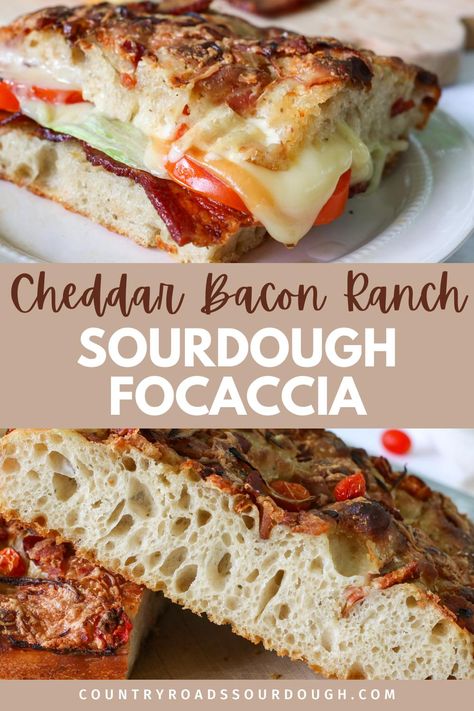 Discover how to make this delicious cheddar bacon ranch sourdough focaccia in just one day. Packed with ranch seasoning, crispy bacon, juicy tomatoes, and gooey cheddar cheese, this recipe is perfect for sandwiches or as a flavorful appetizer. Quick and easy to prepare, this focaccia is a great option for any occasion, providing a burst of flavor in every bite. Follow our simple steps to create this mouthwatering dish at home. Sourdough Foccacia Recipe, Sourdough Focaccia Recipe, Foccacia Recipe, Sourdough Focaccia, Discard Recipe, Making Sourdough Bread, How To Store Bread, Artisan Bread Recipes, Sourdough Discard