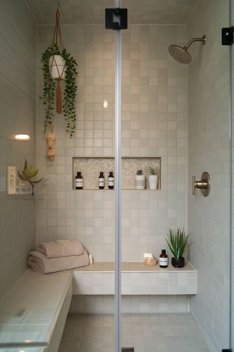 Modern minimalist shower with neutral colors and natural elements. Modern Shower Design, Bathroom Spa, Modern Shower, Minimalist Bathroom, Shower Design, Natural Elements, Minimalist Aesthetic, Neutral Tones, Modern Bathroom