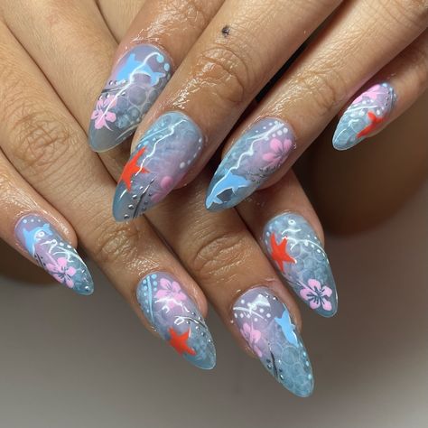 Another super summery set. Bubbles, flowers, dolphins and starfish 🐬 . . . #summernails #undertheseanails #bubblenails #nailart #bristolnails #bristolnailart #bristolgelx #magpiebeauty Dolphin Nails, Bubble Nails, G Nails, Artist On Instagram, Nail Artist, Under The Sea, Starfish, Bristol, Dolphins