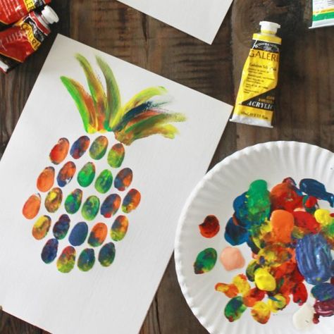 DIY Pineapple Thumbprint Art - http://ift.tt/1KVvOfx Kids Painting Projects, Thumbprint Art, Babysitting Activities, Diy Pineapple, Hawaiian Crafts, Color Lessons, Crafts For Kids To Make, Learn Art, Finger Painting