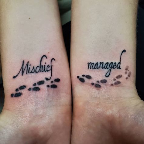 Harry Potter Meaningful Tattoo, Mischief Managed Tattoo Matching, Witch Friend Tattoos, Harry Potter Tattoo Matching, Small Harry Potter Best Friend Tattoos, Small Matching Harry Potter Tattoos, Harry Potter Duo Tattoos, Mother Daughter Tattoos Harry Potter, Friend Tattoos Harry Potter