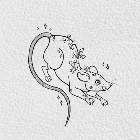 Lineart of illustrated mouse with mushrooms growing from its back Tattoos Rat, Rat Tattoo Design, Snail Tattoo, Mouse Tattoo, Rat Art, Rat Tattoo, Space Tattoos, Mouse Tattoos, Mouse Illustration