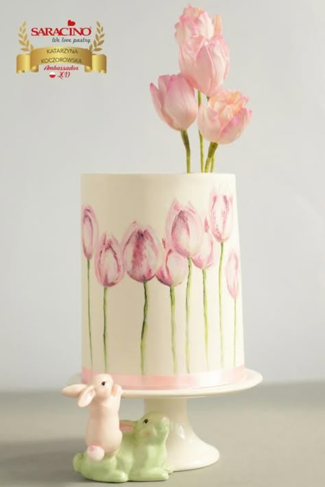 Pink tulips - cake by Katarzynka Mini Patisserie, Painted Tulips, Tulip Cake, Savory Cakes, Hand Painted Cakes, Spring Cake, Gateaux Cake, Cake Decorating Designs, Painted Cakes