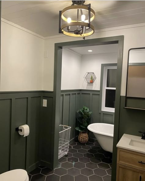 Wainscoting Bathroom Black Floor, Green Half Wall Bathroom, Dark Olive Green Wainscoting, Painted Waynes Coating Bathroom, Dark Green Board And Batten Bathroom, Green Batten Board Bathroom, Board And Batten Bathroom Green, Bathroom Green Board And Batten, Green Bathroom Board And Batten