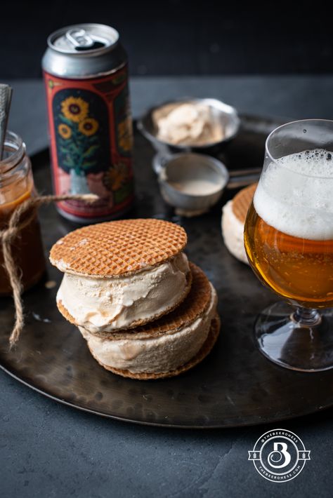 Salted Beer Caramel and Stroopwafel Ice Cream Sandwiches - The Beeroness Beer Caramel, Kitchenaid Ice Cream Maker, Beer Ice Cream, Dessert Sandwich, Belgian Ale, My Senses, Sandwich Ingredients, Christmas Cookie Exchange, Ice Cream Sandwiches