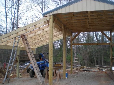 lean-to patio cover attached to roofed area Campsite Design, Rv Barn, Pole Barn Kits, Pole Barn Designs, Pole Barn Plans, Pole Barn Garage, Building A Pole Barn, Carport Plans, Barn Kits