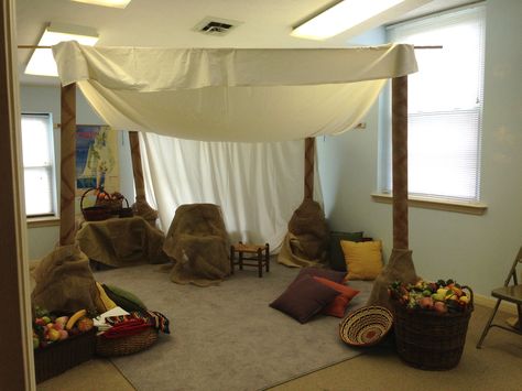 Bible Bazaar:  Carpet tubes and muslin tent, baskets of fake fruit and cloth, pillows, burlap. Worship Photos, Egypt Vbs, Bible Museum, Tube Crafts, Journey To Bethlehem, Vbs Themes, Stone Soup, Christmas Program, Fake Fruit