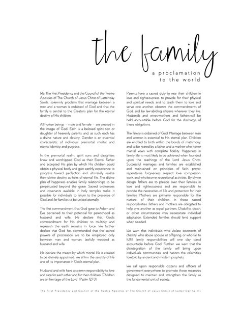 The Family Proclamation, The Family Proclamation Printable Free, The Family A Proclamation To The World, Family Proclamation, Proclamation To The World, Wall Sayings, Articles Of Faith, House Deco, Lds Church