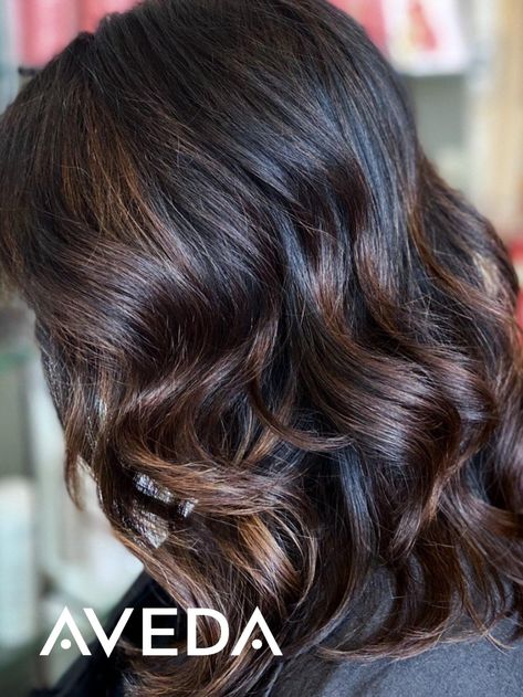 This dark mocha hair color with caramel balayage highlights is making us rethink going blonde this summer. Gorgeous dimensional Aveda Color on a curly long bob medium length haircut by @lynda.shaktisalonspa. Click for more on Aveda color and to find an Aveda salon near you. Dark Mocha Hair, Mocha Hair Color, Curly Long Bob, Dark Brunette Balayage Hair, Caramel Balayage Highlights, Mocha Color Hair, Aveda Hair Color, Mocha Hair, Plum Hair