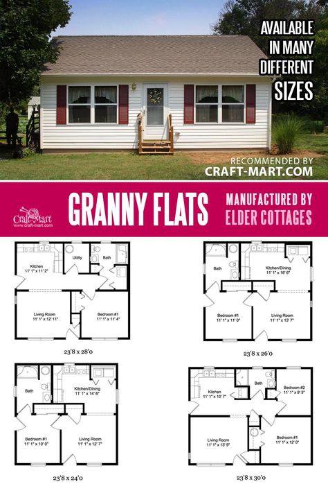 Granny cottages designs Amish style. You can customize all floorplans. 40+ years in business. Affordable, reliable, traditional. Tiny Home Ideas, Amish Style, Granny Pod, Small Cottage House Plans, Granny Flats, Small House Floor Plans, Tiny House Floor Plans, Modern Tiny House, Cottage Plan