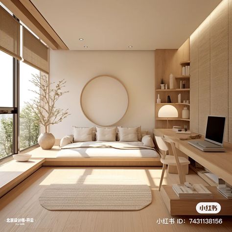 Japanese Apartment Interior, Korean Room, Home Yoga Room, Japanese Apartment, Garage To Living Space, Raised Platform, Japandi Interiors, Japandi Home, Small Room Design Bedroom