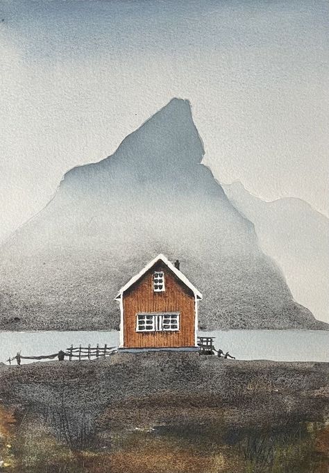 Hygge Watercolor, Watercolour Inspiration Landscape, Watercolour Art Landscape, Iceland Watercolor, Watercolour Houses, Watercolour House, Watercolor House Painting, Watercolor House, Watercolour Landscape