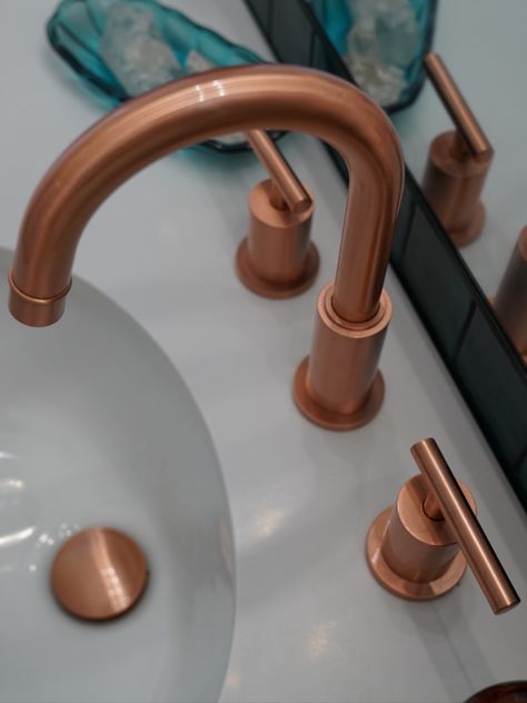 copper accents, copper and teal bathroom, copper finish, rose gold hardware, bathroom faucet Cooper Bathroom Fixtures, Gray And Copper Bathroom, Navy And Copper Bathroom, Gold Hardware Bathroom, Copper Sink Faucet, Modern Bathroom Hardware, Copper Bathroom Fixtures, Copper Bathroom Faucet, Updated Bathroom