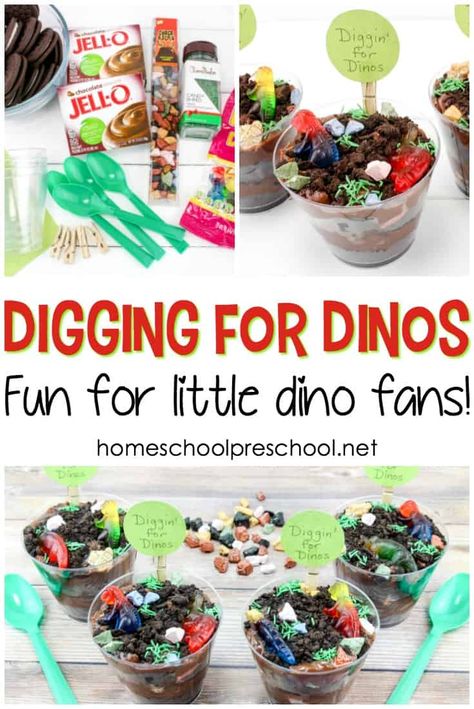 Let your little ones play with their dinosaur food with this Digging for Dinosaurs pudding snack! Young dinosaur fans will dig it! Dinosaur Snacks, Princess Dinosaur, Dinosaur Birthday Party Food, Dinosaur Crafts Preschool, Dinosaur Food, Dinosaur Activities Preschool, Turning Three, Birthday Extravaganza, Dinosaur Birthday Theme