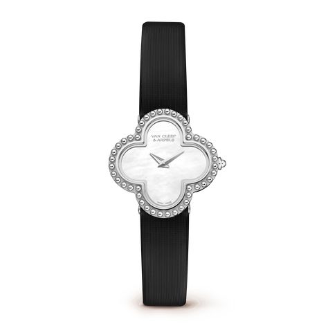 Alhambra watch, small model, white gold, mother-of-pearl, quartz movement Van Cleef Watch, Alhambra Watch, Stone Case, Alhambra Pendant, Van Cleef And Arpels Jewelry, Van Cleef & Arpels, Fancy Watches, Flower Watch, Golden Beads