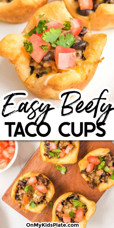 Halloween Taco Cups, Buffalo Chicken Taco Cups, Taco Cups With Biscuits, Taco Puffs Recipe, Taco Cups With Tortillas Muffin Tins, Taco Bites Appetizers, Taco Stack, 2023 Appetizers, Taco Salad Cups