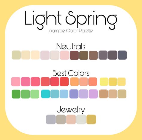 Sample palette for Light Spring. Light Spring Color Palette Asian, Light Spring Color Palette Jewelry, Light Spring Fall Wardrobe, Light Spring Neutrals, Light Spring Color Palette Makeup, Light Spring Hair Color Ideas, Light Spring Outfits Color Palettes, Light Spring Capsule, Light Spring Nails