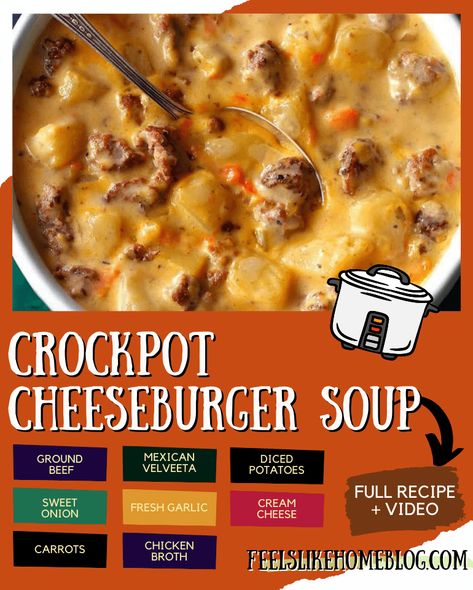 Slow Cooker Cheeseburger Soup from Taste of Home Crockpot Cheeseburger Soup, Slow Cooker Cheeseburger Soup, Cheeseburger Soup Slow Cooker, Crockpot Cheeseburger, Cheeseburger Soup Crockpot, Ground Beef Potatoes, Beef Potatoes, Cheese Burger Soup Recipes, Potatoes Onions